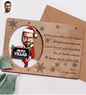 BK Gift Kişiye Özel Bay Karikatürlü Retro Ahşap Yılbaşı Tebrik Kartı - 1