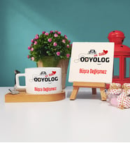 Mesajlı Odyolog Tasarımlı Kişiye Özel Odyolog Ahşap Altlıklı Fincan ve Dekoratif Taş Baskı Hediye Seti