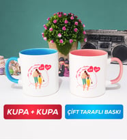 İkili Sevgiliye Sevgililer Günü Hediyesi 1 Kupa Bardak Mavi Pembe