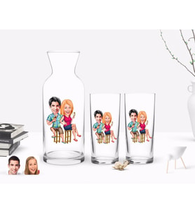 BK Gift Kişiye Özel Renkli Baskılı Sevgililer Karikatürlü İkili Rakı Bardağı ve Karaf Hediye Seti-51 (Model 1)