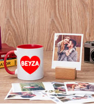 İsim Yazılı Kalpli Kırmızı Kupa Bardak ve Ahşap Standlı Polaroid Set