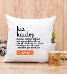 Kız Kardeş Kelime Anlamı Yastık ve Gold Kupa Bardak