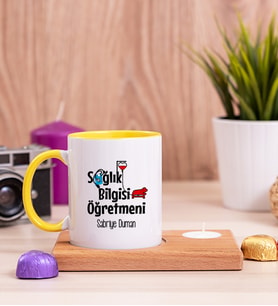 Sağlık Bilgisi Öğretmeni Ahşap Altlıklı Mumlu Sarı Kupa Bardak