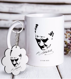 BK Gift Kişiye Özel Atatürk Temalı Beyaz Kupa ve Anahtarlık Hediye Seti-25 (Model 1)