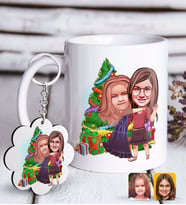 BK Gift Kişiye Özel Yeni Yıl Kız Kardeşler Karikatürlü Beyaz Kupa ve Anahtarlık Hediye Seti-3 (Model 1)