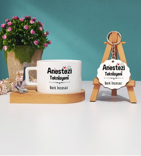 Anestezi Teknisyeni Tasarımlı Kişiye Özel Hediye Anestezi Teknisyeni Ahşap Altlıklı Fincan ve Anahtarlık Seti