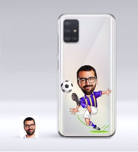 BK Gift Kişiye Özel Sarı Lacivert Futbolcu Karikatürlü Samsung Galaxy A51 İnce Şeffaf Silikon Telefon Kapağı (Beyaz)