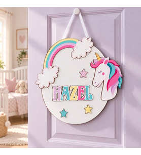 İsme Özel 3D Unicorn Bebek & Çocuk Odası Ahşap Kapı Süsü
