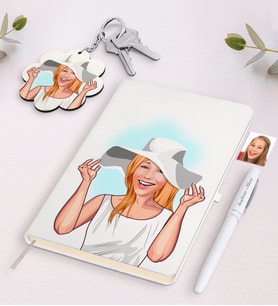 BK Gift Kişiye Özel Kadın Karikatürlü Beyaz Defter Kalem ve Anahtarlık Hediye Seti-20 (Model 1)