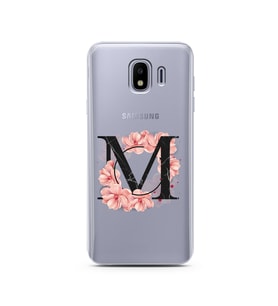 Pembe Çiçekli Harf Tasarım Süper Şeffaf Silikon Telefon Kılıfı Samsung J4 M-Harf