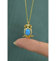 925 Ayar Gümüş Gold Kaplama Opal Baykuş Kolye