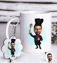 BK Gift Kişiye Özel Erkek Chef Karikatürlü Beyaz Kupa ve Anahtarlık Hediye Seti-1 (Model 1)