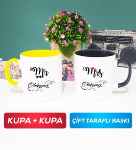 İkili Çiftlere Özel Mr Mrs Sevgiliye Hediye Kupa Bardak Sarı Siyah