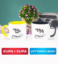 İkili Çiftlere Özel Mr Mrs Sevgiliye Hediye Kupa Bardak Sarı Siyah