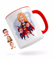 BK Gift Kişiye Özel Süper Anne ve Çocuklar Karikatürlü Kırmızı Kupa Bardak