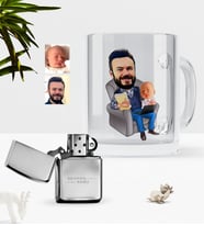 BK Gift Kişiye Özel Baba Oğul Karikatürlü Cam Kupa Bardak Benzinli Metal Çakmak Seti-1 (Model 1)