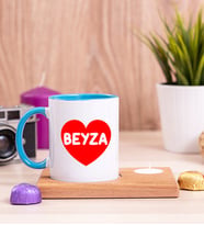 İsim Yazılı Kırmızı Kalpli Ahşap Altlıklı Mumlu Mavi Kupa Bardak
