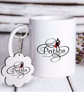 BK Gift Kişiye Özel Mesleki Patron Beyaz Kupa ve Anahtarlık Hediye Seti-4 (Model 1)