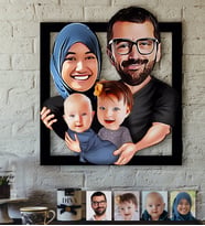 BK Gift Kişiye Özel Tesettürlü Aile Karikatürlü 3D Ahşap Tablo-4