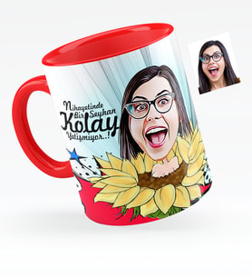BK Gift Kişiye Özel Bayan Karikatürlü Kırmızı Kupa Bardak  5