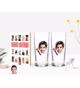 BK Gift Kişiye Özel Renkli Baskılı Erkek Yüz Karikatürlü İkili Rakı Bardağı ve Rakı Cep Kitabı Hediye Seti-2 (Model 1)
