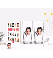 BK Gift Kişiye Özel Renkli Baskılı Erkek Yüz Karikatürlü İkili Rakı Bardağı ve Rakı Cep Kitabı Hediye Seti-2 (Model 1)