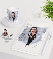 BK Gift Kişiye Özel Bayan İç Mimar Karikatürlü Beyaz Defter Kalem Türk Kahvesi Fincanı Seti-1 (Model 1)