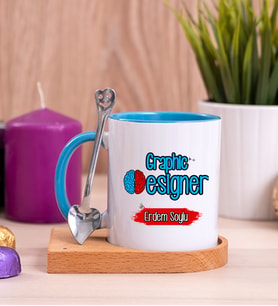 Grafiker Ahşap Altlıklı Mavi Kupa Bardak