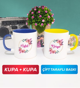 İkili Kişiye Özel İsim Yazılı Çiçek Tasarımlı Kupa Bardak Lacivert Sarı