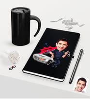 BK Gift Kişiye Özel Bay Trafik Polisi Karikatürlü Siyah Defter Kalem Termos Mug Seti - 1 (Model 1)
