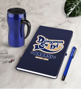 BK Gift Kişiye Özel Dünyanın En İyi Babası Lacivert Defter Kalem Termos Mug Seti-2 (Model 1)