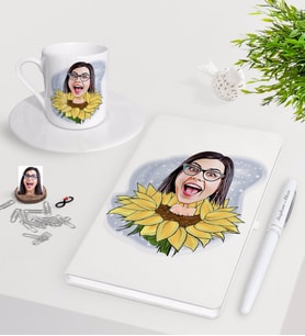 BK Gift Kişiye Özel Bayan Karikatürlü Beyaz Defter Kalem Türk Kahvesi Fincanı Seti-47 (Model 1)