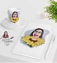 BK Gift Kişiye Özel Bayan Karikatürlü Beyaz Defter Kalem Türk Kahvesi Fincanı Seti-47 (Model 1)