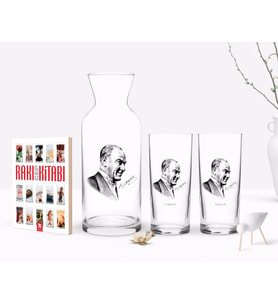 BK Gift Kişiye Özel Renkli Baskılı Atatürk Temalı İkili Rakı Bardağı Karaf ve Cep Kitabı Hediye Seti-10 (Model 1)