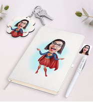BK Gift Kişiye Özel Süper Anne Karikatürlü Beyaz Defter Kalem ve Anahtarlık Hediye Seti (Model 1)