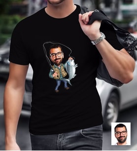 BK Gift Kişiye Özel Bay Balık Avcısı Karikatürlü Siyah T-Shirt