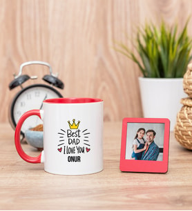 Best Dad Kırmızı Kupa Bardak ve Kırmızı Mini Fotoğraf Çerçevesi