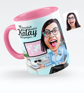 BK Gift Kişiye Özel Bayan Genel Müdür Karikatürlü Pembe Kupa Bardak  1