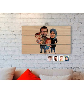 BK Gift Kişiye Özel Tesettürlü Aile Karikatürlü Otantik Ahşap Palet Tablo-3