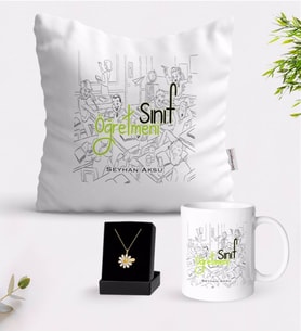 BK Gift Kişiye Özel Sınıf Öğretmeni Beyaz Kupa Yastık ve İsimli Papatya Kolye Hediye Seti-4 (Model 1)