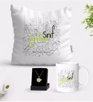 BK Gift Kişiye Özel Sınıf Öğretmeni Beyaz Kupa Yastık ve İsimli Papatya Kolye Hediye Seti-4 (Model 1)