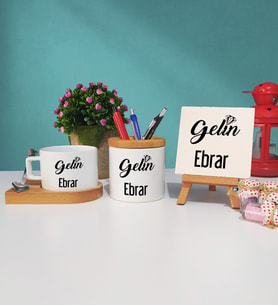 Gelin Tasarımlı Kişiye Özel Gelin Ahşap Altlıklı Fincan Kalemlik ve Dekoratif Taş Baskı Hediye Seti