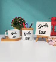 Gelin Tasarımlı Kişiye Özel Gelin Ahşap Altlıklı Fincan Kalemlik ve Dekoratif Taş Baskı Hediye Seti