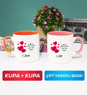 İkili Sevgililer Günü Hediyesi Kupa Bardak Turuncu Pembe