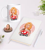 BK Gift Kişiye Özel Kadın Youtuber Karikatürlü Beyaz Defter Kalem ve Kupa Seti-1 (Model 1)