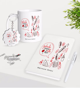 BK Gift Kişiye Özel Öğretmenler Günümüz Kutlu Olsun Kupa Anahtarlık Beyaz Defter Kalem Hediye Seti-2 (Model 1)