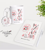 BK Gift Kişiye Özel Öğretmenler Günümüz Kutlu Olsun Kupa Anahtarlık Beyaz Defter Kalem Hediye Seti-2 (Model 1)