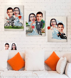 BK Gift Kişiye Özel 3'lü Evlilik Karikatürlü Kanvas Tablo Seti 30x50cm-1