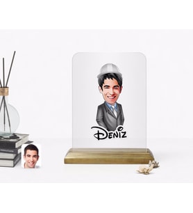 BK Gift Kişiye Özel Erkek Mühendis Karikatürlü Ahşap Standlı Çerçeve (Beyaz)