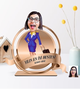 BK Gift Kişiye Özel Yılın En İyi Hostesi Karikatürlü 3D Ahşap Biblo Plaket - 2